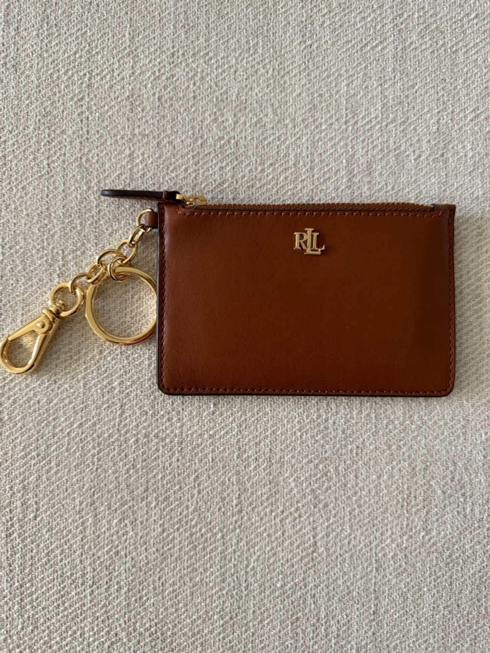 Ralph Lauren Tan Leather Card Case Keychain with Gold Hardware